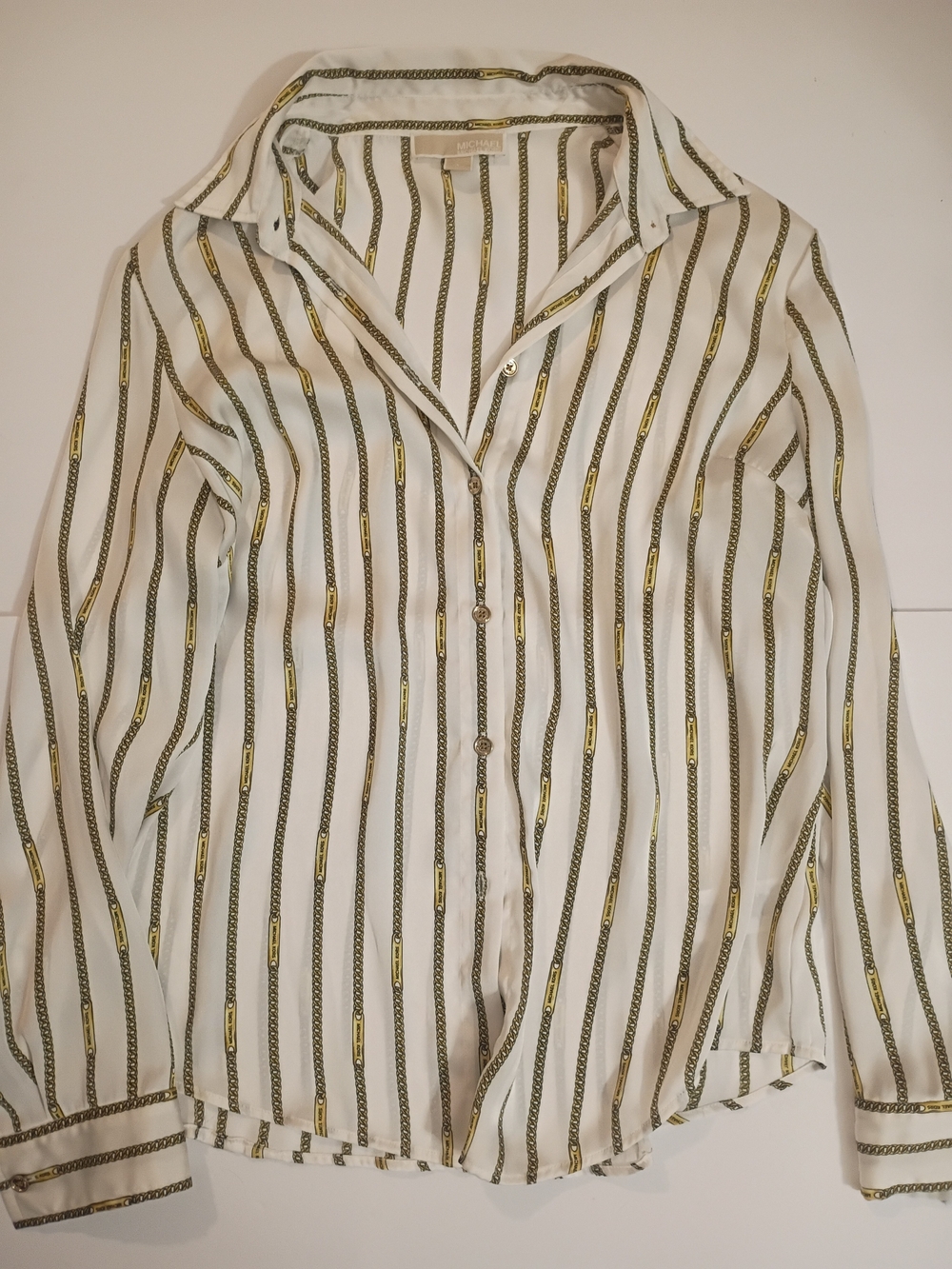 Michael Kors White Blouse with Gold & Black Chain-Stripe